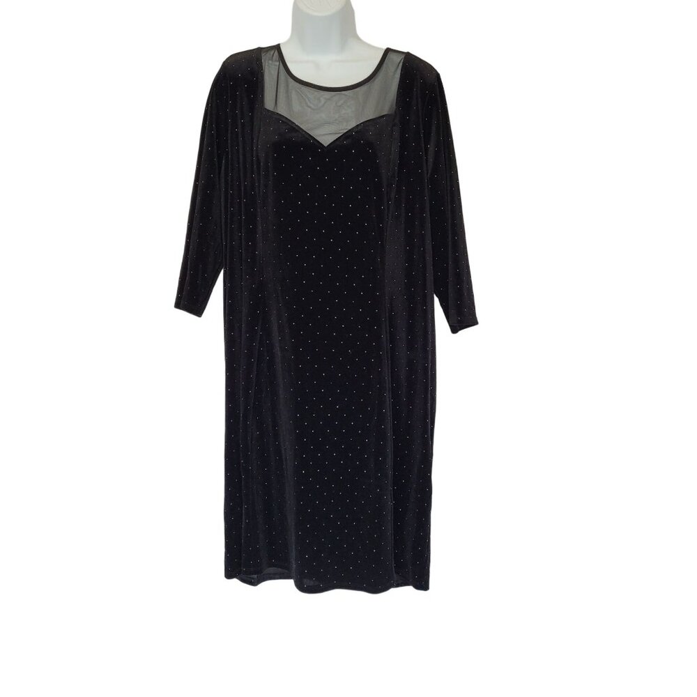 Lane Bryant Black Velvet‎ Dress Size 18/20 Sheer Neckline Stud Accents Knee